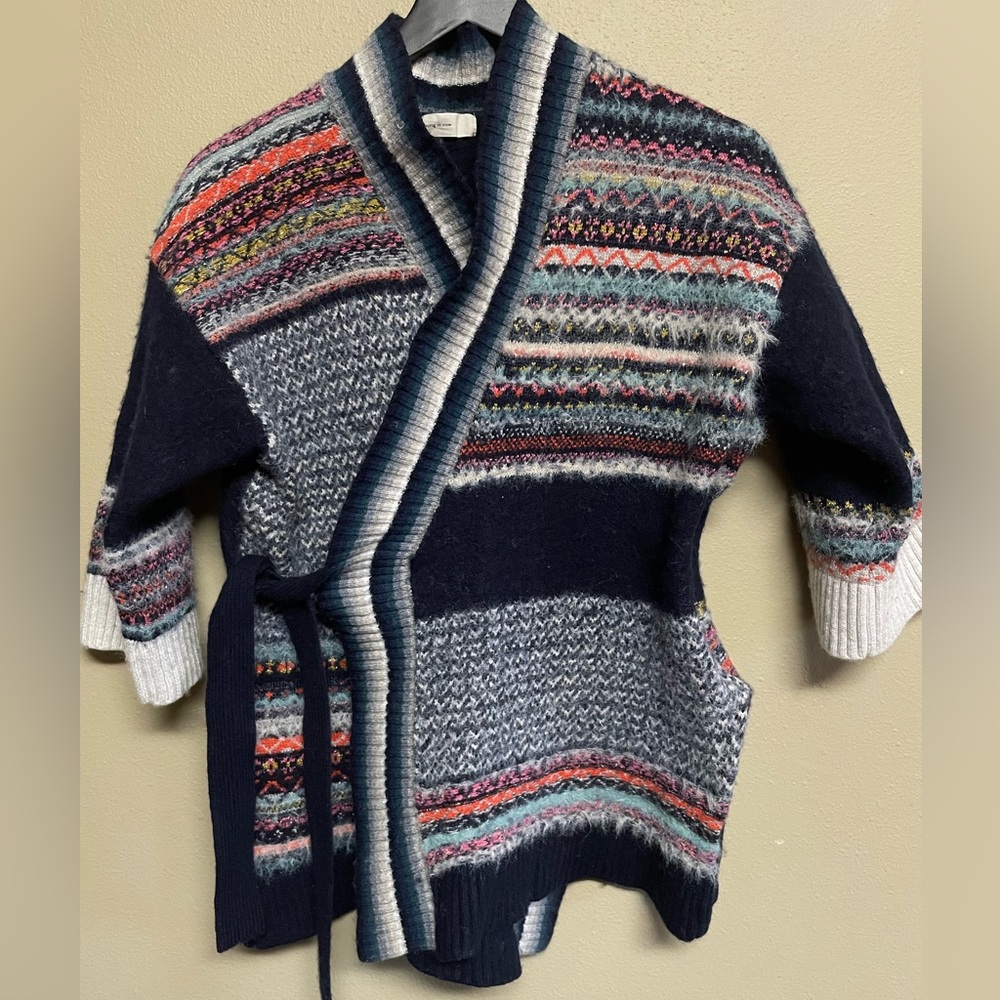Anthropologie Sleeping on Snow Fair Isle Short Kimono Sleeve Wrap Belt Cardigan